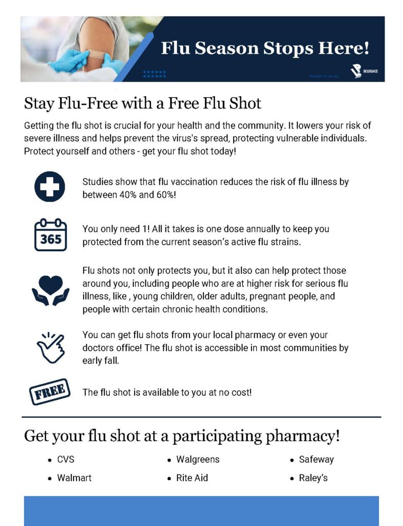 Free workplace flu-shot reminder flyer encouraging employees to get their annual flu vaccine; includes community-focused message