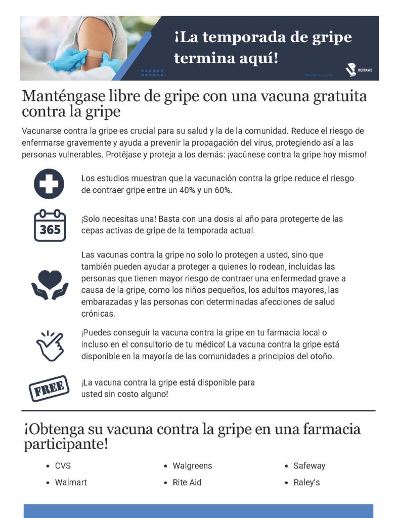 Free Spanish-language workplace flu-shot reminder flyer encouraging employees to get their annual flu vaccine; includes community-focused message