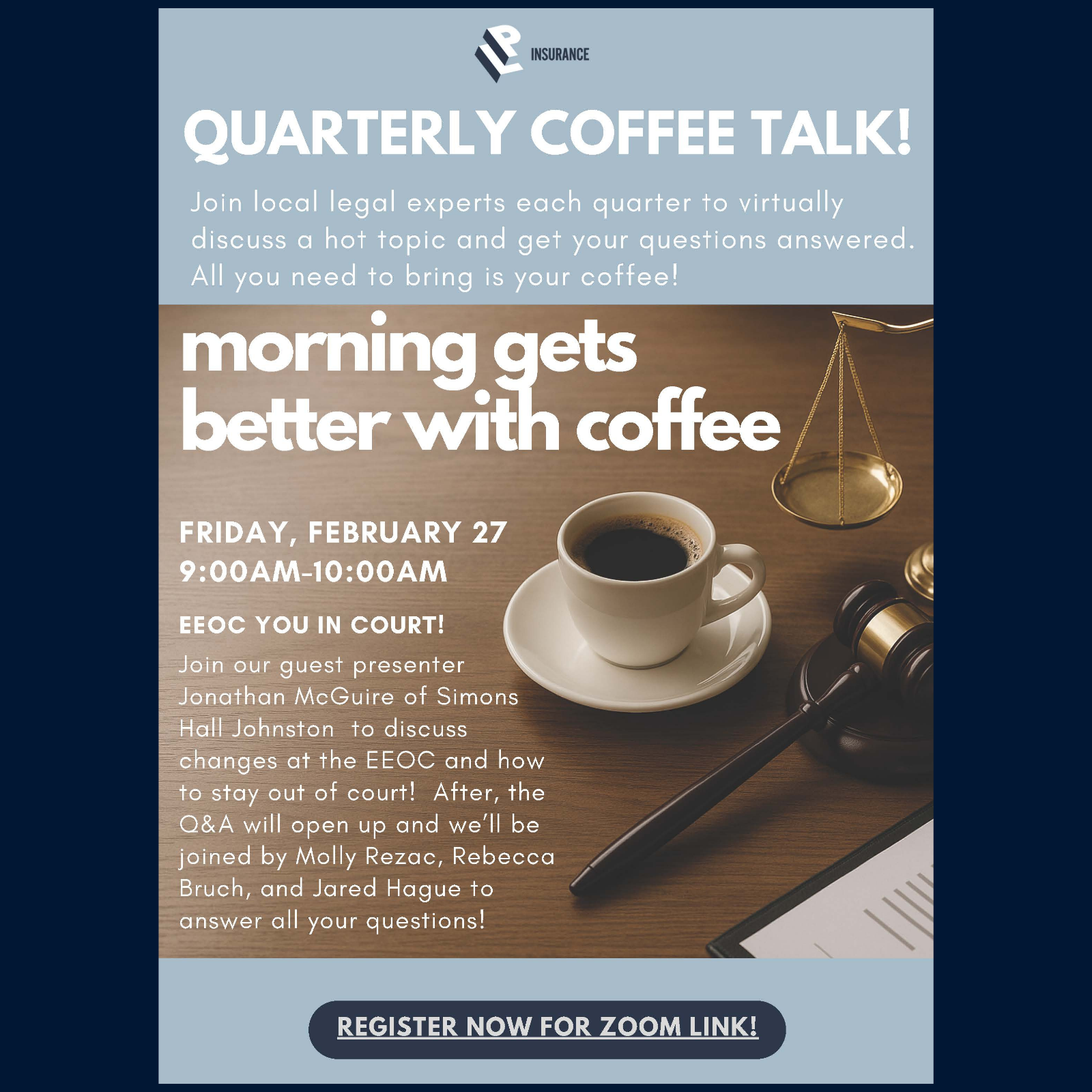 Quarterly Coffee Talk virtual event—coffee cup and gavel—EEOC updates and Q&A