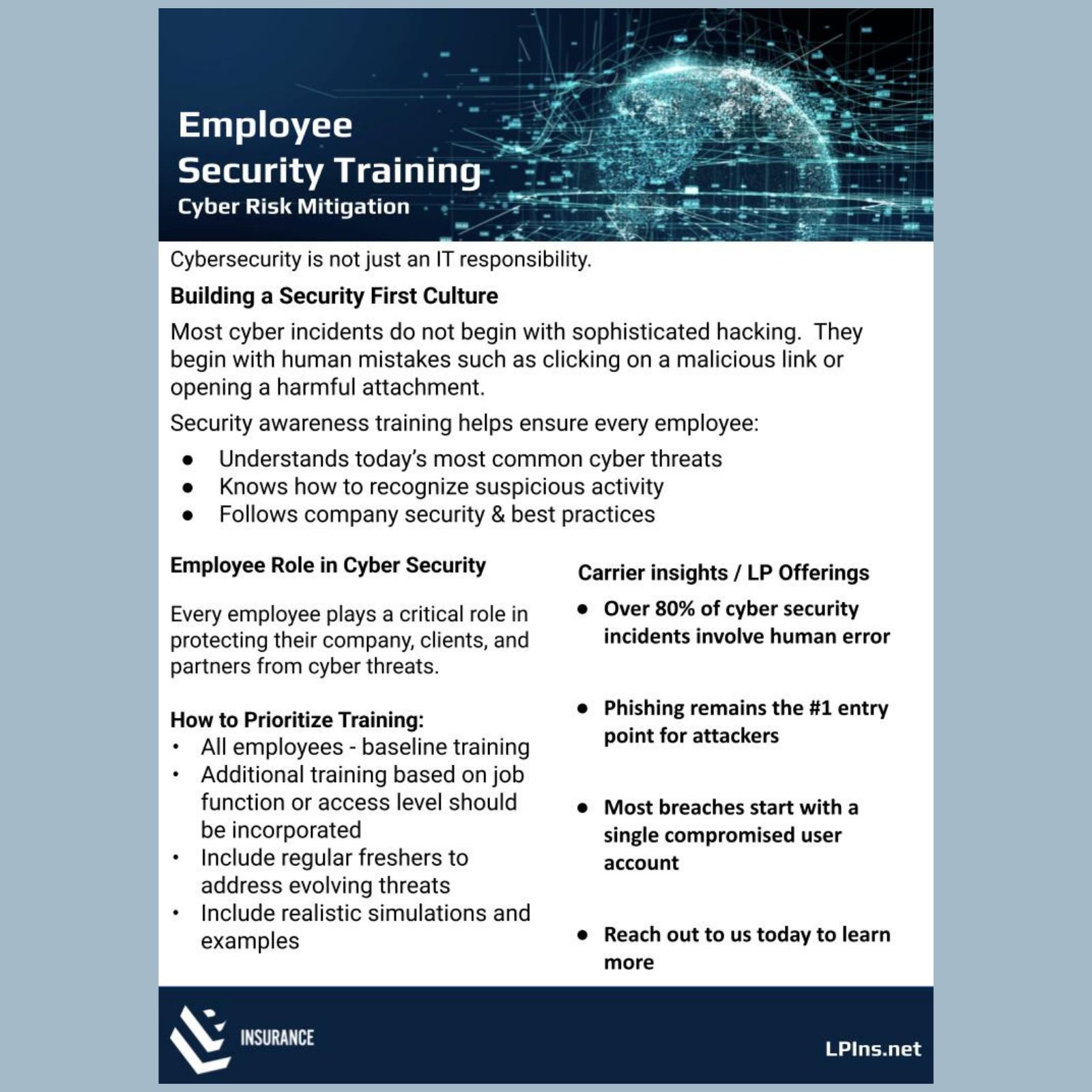 LP Insurance Cyber Risk Mitigation Flyer highlighting MFA, training, patching, access control, and backups.