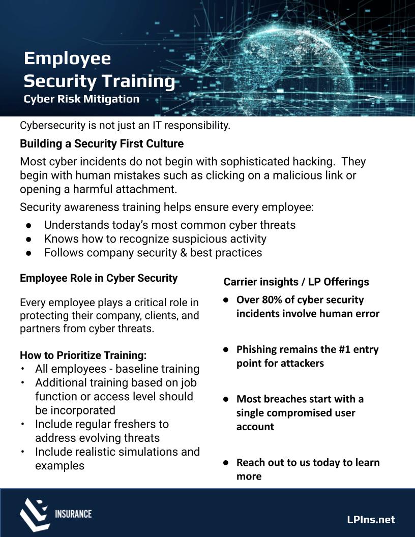 LP Insurance Cyber Risk Mitigation Flyer highlighting MFA, training, patching, access control, and backups.