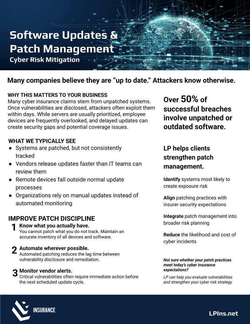 LP Insurance printable flyer: Software Updates & Patch Management—Cyber Risk Mitigation checklist