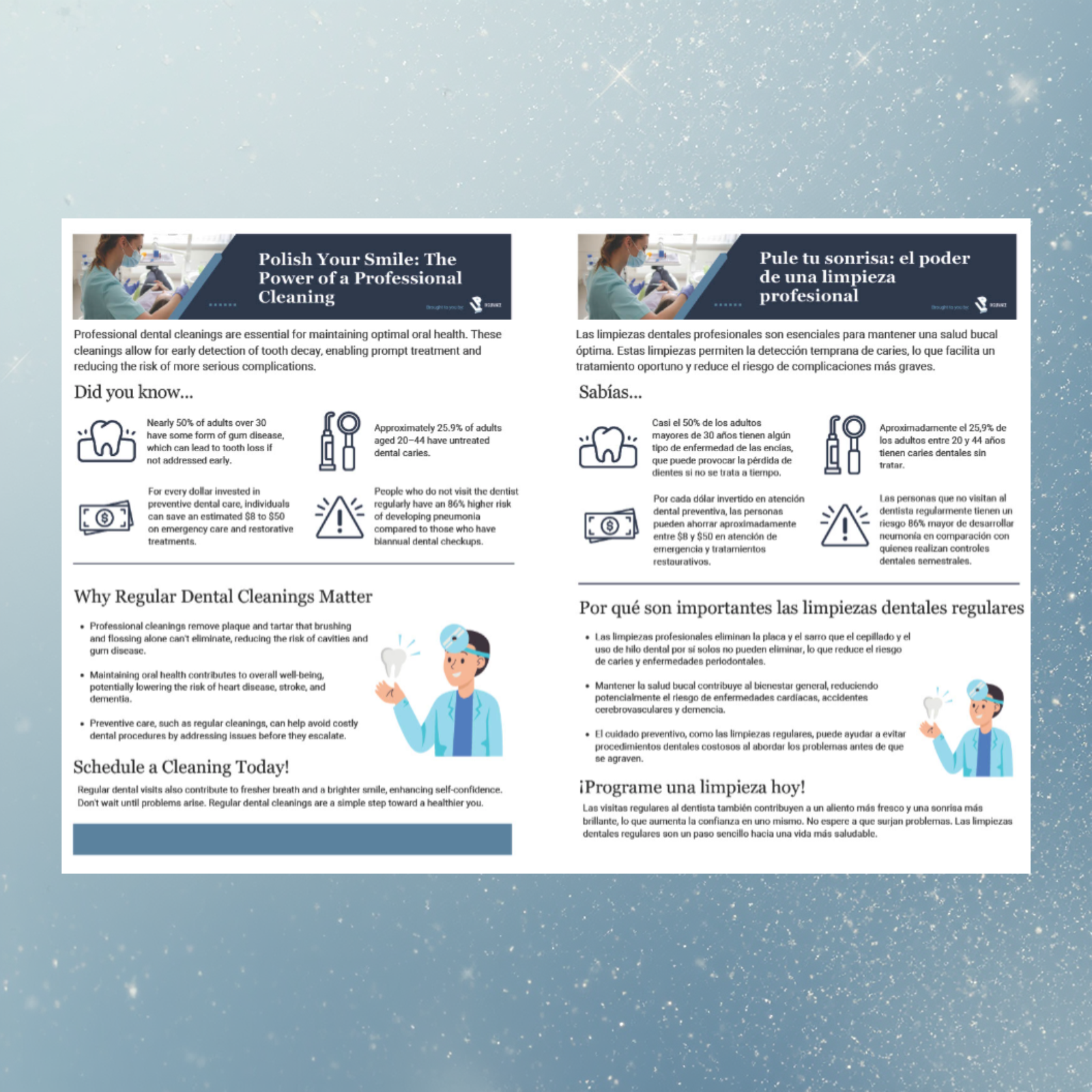 Download LP’s complimentary printable flyers—now in English and Spanish. Educate employees, reduce risk, and boost benefits engagement. Get the professional dental cleaning flyer (EN/ES) today.