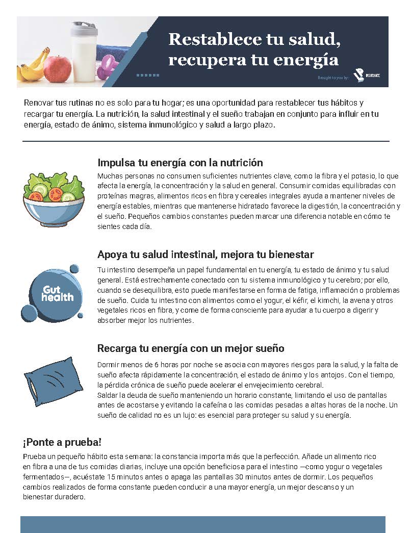 Vista previa del folleto de bienestar de abril de LP Insurance con consejos de nutrición, salud intestinal y sueño (Español)