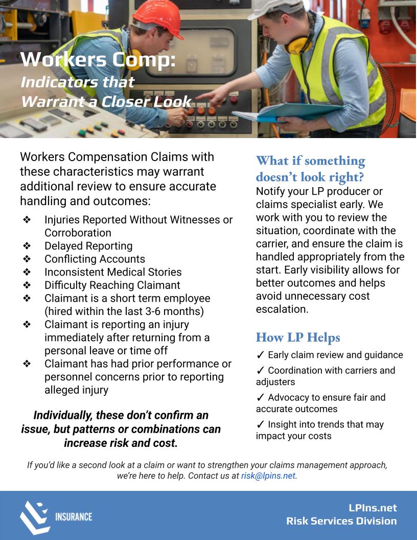 Workers Comp Indicators That Warrant a Closer Look - LP Insurance Risk Services Flyer