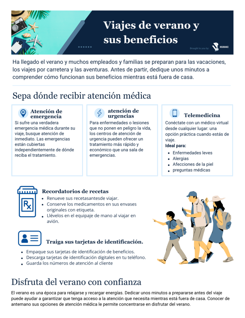 Summer Travel and Your Benefits printable wellness flyer by LP Insurance, bilingual employee benefits flyer English and Spanish, free printable healthcare travel tips for employees