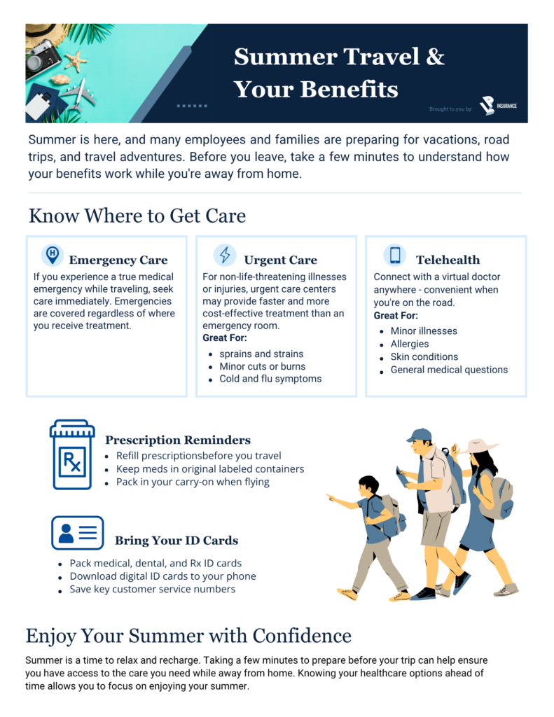 Summer Travel and Your Benefits printable wellness flyer by LP Insurance, bilingual employee benefits flyer English and Spanish, free printable healthcare travel tips for employees